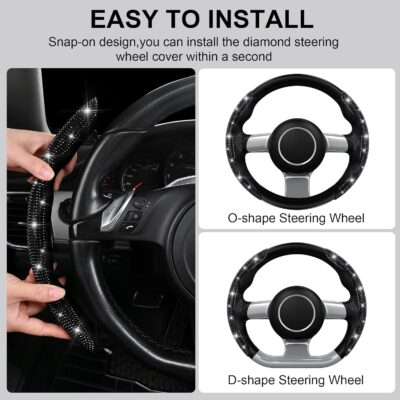 CAR PASS 2PCS Bling Diamond Segmented Steering Wheel Cover with Crystal Rhinestones, Wheel Protector Non-Slip Cute Car Accessories Universal Fit D-Shape O-Shape 14.5" to 16" for Women, Black Diamond - Image 4