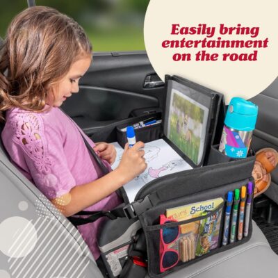 Lusso Gear Car Seat Tray - Dry-Erase Lap Desk for Kids Travel Activities - Snack & Cup Holder for Car Back Seat Organizer - Tablet Stand for Toddler Travel Essentials - Black - Image 3