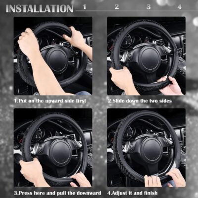CAR PASS Bling Diamond Leather Steering Wheel Cover, With Sparkly Crystal Glitter Rhinestones Universal Fit 14"1/2-15" Car Wheel Protector for Women Girl Fit Suvs,Vans,Sedans,Car,Trucks, Black Diamond - Image 5