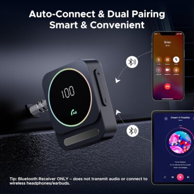 Acer Gadget Bluetooth Receiver for Car/Home/Wired Headphones, 3.5mm AUX, Drive & Listen Wirelessly, 16H Battery, Noise Cancellation, Auto Connect & Dual Pairing - Black - Image 5