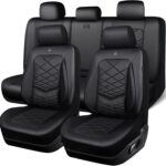 CAR PASS Luxury Nappa Leather Seat Covers Full Set, Water Resistant Faux Leather Seat Covers with Lumbar Support, Comfortable Automotive Seat Covers Universal Fit for SUV Sedan Van Truck, Solid Black