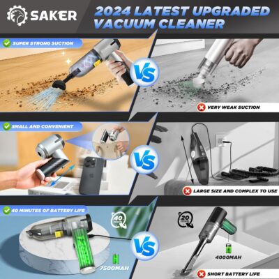 Saker Handheld Car Vacuum Portable Cordless17000PA Mini Air Duster Blower Rechargeable Foldable Vacuum Cleaner with Brushless Motor for Home, Office Pet HL132 Black - Image 3