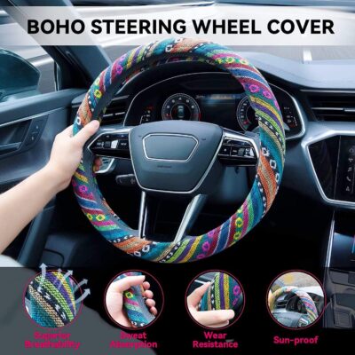 Boho Steering Wheel Cover Elastic Microfiber for Women, Universal Fit 15 inch Car SUV, Hippie Style Protector Cover, Anti-Slip, Breathable, Absorbing Sweat - 01 - Image 3