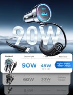 USB C 90W Car Charger for iPhone 17/16 Pro Max, PD & QC3.0 w/5 ft 45W Type Coiled Cable, Fast Car Phone Charger Adapter for iPhone 17Air/15 Pro, Samsung Galaxy S25/S24/S23, Pixel 10/LG/Android, iPad - Image 2