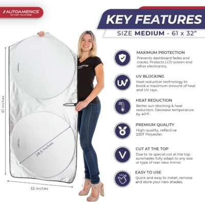 Autoamerics 1-Piece Windshield Sun Shade Standard Silver Foldable Car Front Window Sunshade for Most Cars SUV Truck - Heat Blocker Visor Protector Blocks Max UV Rays and Keeps Your Vehicle Cool Medium - Image 2