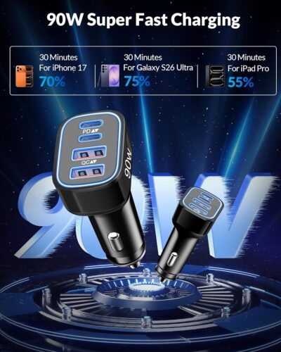 [4 in 1] USB C Car Charger, 4-Port 90W Super Fast Charging Cigarette Lighter USB Charger Multiport Car Phone Adapter Accessories for iPhone 17 16 15 14 13 12 Pro Max, iPad, Galaxy S26 S25 S24, Android - Image 3