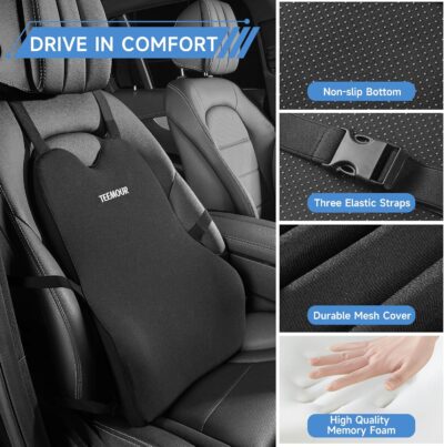 Teemour Lumbar Support Pillow for Car Truck Accessories Memory Foam Back Cushion for Driving Seat Lower Back Support, Lumbar Comfort for Long Drivvers Back Pain Relief, with Three Adjustable Straps - Image 3
