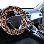 Accmor Fuzzy Car Steering Wheel Cover, Universal Fit Fur Auto Wheel Cover & Handbrake Cover & Gear Shift Cover Set, Leopard Warm Fluffy Vehicle Wheel Protector Car Accessories for Men Women (Brown)