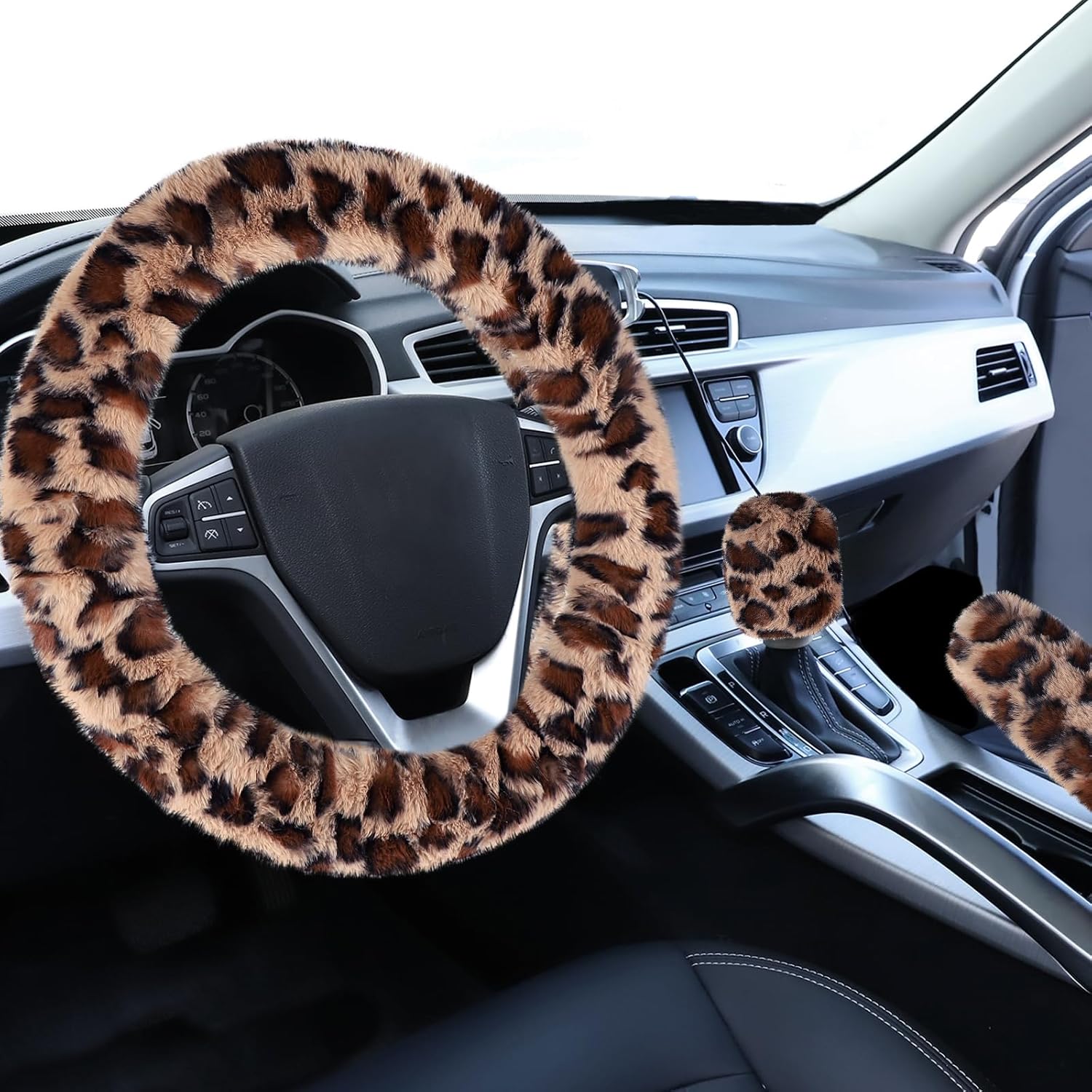 81udZT-leqL._AC_SL1500_.jpg Accmor Fuzzy Car Steering Wheel Cover, Universal Fit Fur Auto Wheel Cover & Handbrake Cover & Gear Shift Cover Set, Leopard Warm Fluffy Vehicle Wheel Protector Car Accessories for Men Women (Brown) - Image 1