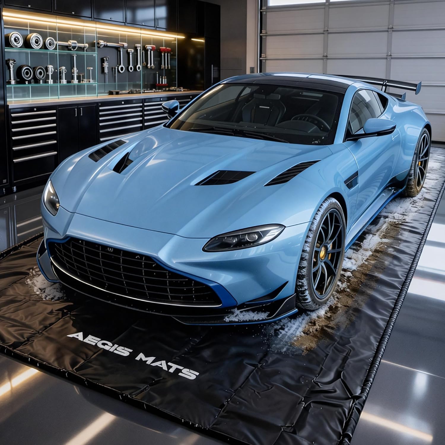 81ufwNLzsiL._AC_SL1500_.jpg 7’9" x16’ Garage Floor Mat for Under Car, Heavy Duty 610g PVC Waterproof Containment Mat with Raised Edges, Garage Car Mat for Cars SUVs and Trucks, Easy Clean Floor Protection - Image 1