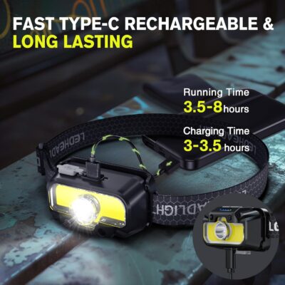 2 Pack Headlamp Rechargeable, 1300 Lumen Lightweight Bright with White Green Red Headlamp Flashlight, Waterproof Head Lamp,14 Modes for Outdoor Camping Running Cycling - Image 6
