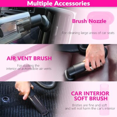 ThinkLearn Car Cleaning Kit, Car Vacuum Detailing Kit Interior with High Power Handheld Vacuum, Including 7Pcs Detailing Brush Set, Windshield Cleaner, Pink Car Accessories for Women - Image 3