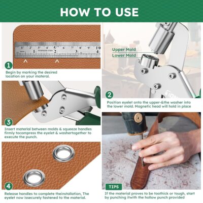Professional Grommet Tool Kit with 3/8 Inch Eyelets - Heavy Duty Metal Grommet Press for Fabric, Leather, Tarps, DIY and Crafts, Tonmifr Grommet Kit with Hole Cutter, Pliers & 300 Pcs 10mm Grommets - Image 5