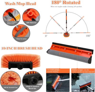 21Pcs Car Wash Kit with 60" Heavy-Duty Extension Pole, Soft Car Wash Brush, Wheel & Tire Brush, Scratch-Free Car Mop Mitt & Window Squeegee, Detailing Tool for Car Exterior & Interior Cleaning - Image 4
