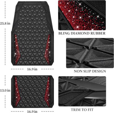 CAR PASS Bling Diamond Car Mats Rubber Floor Mats Full Set Anti-Slip 3D Rhombus Waterproof Trim to Fit Liner Universal Glitter Crystal Sparkly Shining Rhinestone Girl Women SUV Sedan Van, Black Red - Image 4