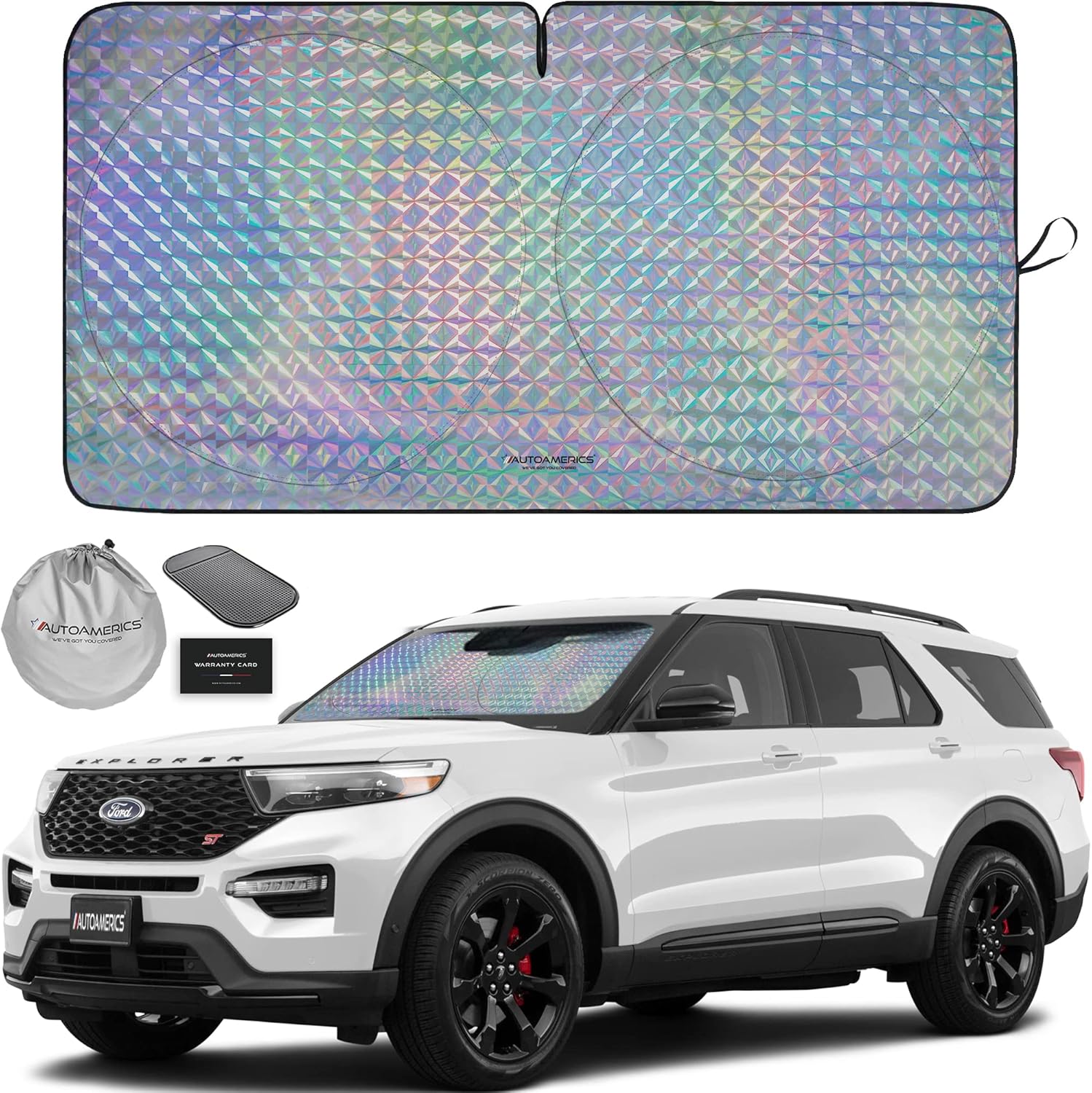 81vj0-GjiTL._AC_SL1500_.jpg Autoamerics 1-Piece Windshield Sun Shade - Holographic Print Foldable Car Front Window Sunshade for Cars SUV Truck - Heat Blocker Visor Protector Blocks Max UV Rays and Keeps Your Vehicle Cool Medium - Image 1