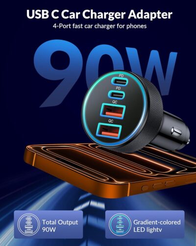 Car Charger USB C, 4-Port 90W Super Fast Charging Car Phone Charger Accessories Dual USB-C & USB-A Cargador Carro Cigarette Lighter Adapter for iPhone 17 16 15 14 13 12, iPad, Galaxy, Tablet, Android - Image 2