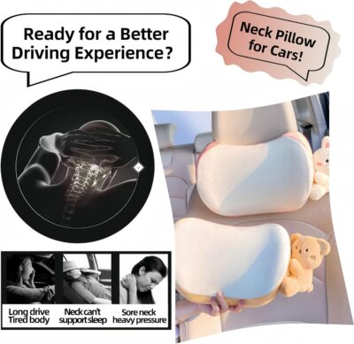 Car Headrest Pillow 2PCS Bear or Bunny Car Seat Neck Pillow Car Decor Memory Foam Neck Support Cushions for Comfortable Driving, Easy Install & Washable (Pink) - Image 4
