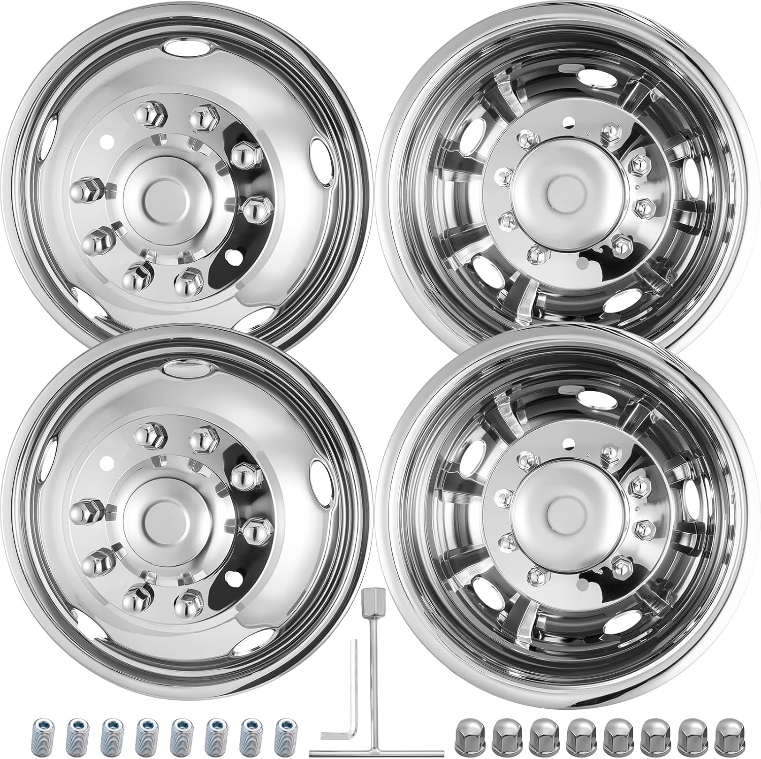 81wRr2eS0HL._AC_SL1500_.jpg 19.5" Wheel Simulators,19.5" 10 Lug Stainless Steel Hubcaps with Wheel Lug Bolts Kit,Polished Finish,2 Front Wheels/2 Rear Wheels,Wheel Simulators Suitable for 2005-2021 Ford F450/F550,Ford Raptor 2WD - Image 1