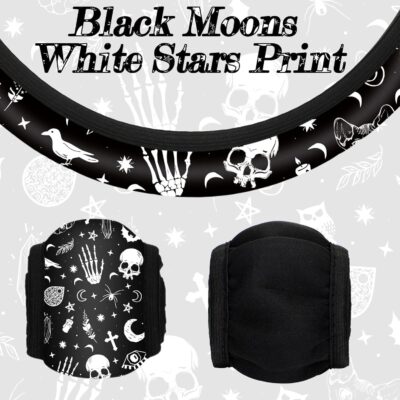 4 Pieces Black Moons White Stars Print Car Accessories Set Black Moons White Stars Steering Wheel Cover with 2 Pieces Car Cup Holder and Leather Keyring for Truck Suv(Horror Pattern) - Image 3