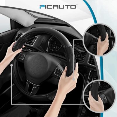 PIC AUTO Steering Wheel Cover, Silk Grain Leather Car Steering Wheel Protector, Comfortable Grip, Universal 14.5-15.5 Inch Anti-Slip Steering Wheels Accessories for Men & Women (Black) - Image 4