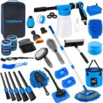 THINKWORK Car Wash Kit, Car Detailing Kit with Foam Gun, Car Wash Brush Mop and Large Folding Bucket Suitable for Car Cleaning, Blue Car Wash Set Gift for Men and Women
