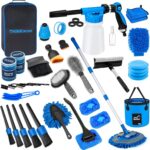 THINKWORK Car Wash Kit, Car Detailing Kit with Foam Gun, Car Wash Brush Mop and Large Folding Bucket Suitable for Car Cleaning, Blue Car Wash Set Gift for Men and Women