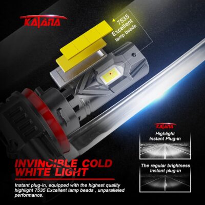 Katana Upgraded H11 Light Bulbs, 18000LM 6500K Xenon White Super Bright Mini Size with Cooling Fan, HB3 Canbus Ready Fog Light, Pack of 2 - Image 2