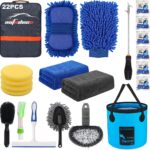 AUTODECO 22Pcs Car Wash Cleaning Tools Kit Car Detailing Set with Blue Canvas Bag Collapsible Bucket Wash Mitt Sponge Towels Tire Brush Window Scraper Duster Complete Interior Car Care Kit