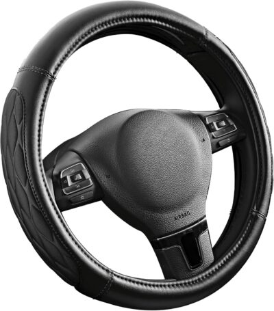 PIC AUTO Steering Wheel Cover, Black Thick Rhombic Foam and Premium Leather, Universal 14.5-15.5 Inch Breathable Anti-Slip Steering Wheels Accessories for Men & Women - Image 2