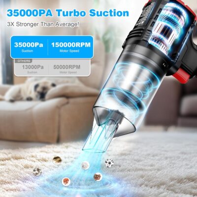 Car Vacuum Cordless, 35000PA Strong Suction Handheld Vacuum with 2 Detachable Batteries, 60Min Runtime Portable Vacuum Cleaner for Car Detailing, Pet Hair, Home Couch & Office, 350ML XL Dust Cup - Image 3