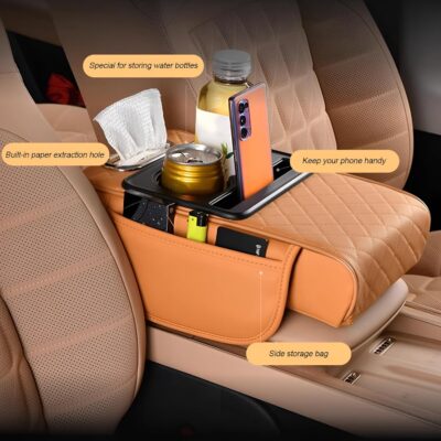 Car Center Console Armrest Pillow, Memory Foam Leather 4 in 1 Vehicle Arm Rest Cover with Tissue Box 2 Side Storage Bag Cup & Phone Holder, Auto Armrest Cushion, Universal Fit (Black) - Image 5