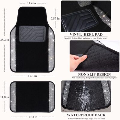 CAR PASS Bling Diamond Car Floor Mats, Shining Rhinestone Carpet Sparkly Glitter Crystal with Anti-Slip PVC Heel Pad Waterproof Universal Fit Automotive SUV,Sedan,Van,Cute Girl Women,4pcs Black Sliver - Image 4