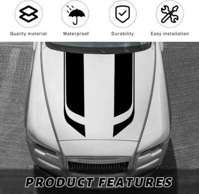 Car Hood Decal Sticker, Racing Stripe Graphic Stickers for Auto Body Skirt Roof Hood Bumper, Automotive Exterior Decoration Vinyl Decal for Car SUV Truck, Car Accessories (Black) - Image 3