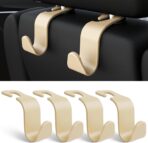 Amooca 4-Pack Car Headrest Hooks Vehicle Storage Organizer for Purses Handbags Groceries Coats –Holds 55lbs 360° Rotating Simple Design Beige