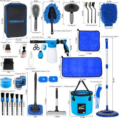 THINKWORK Car Wash Kit, Car Detailing Kit with Foam Gun, Car Wash Brush Mop and Large Folding Bucket Suitable for Car Cleaning, Blue Car Wash Set Gift for Men and Women - Image 8