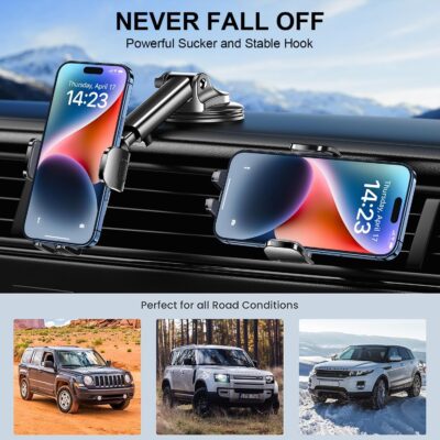TICILFO Phone Mount for Car Phone Holder [Military-Grade Suction & Stable Clip] Car Phone Holder Mount Windshield Dashboard Air Vent Universal Automobile Mount Fit for All Dash Mounting Kits iPhone - Image 5