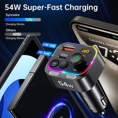 Syncwire Bluetooth 5.4 FM Transmitter Car Adapter 54W (PD 36W & 18W) [Stronger Dual Mics] [Light Switch] [HiFi Bass Sound] [Fast Charging] Wireless Radio Receiver Hands-Free Calling LED Display - Image 4