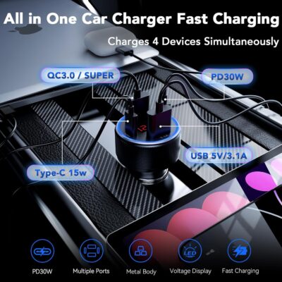 USB C Car Charger, 4 Port 78W USB Car Charger Adapter Fast Charging Multi Port Cigarette Lighter Adapter with Voltmeter Type C Phone Car Accessories for iPhone 17/16/15/14, Samsung Galaxy, iPad - Image 2
