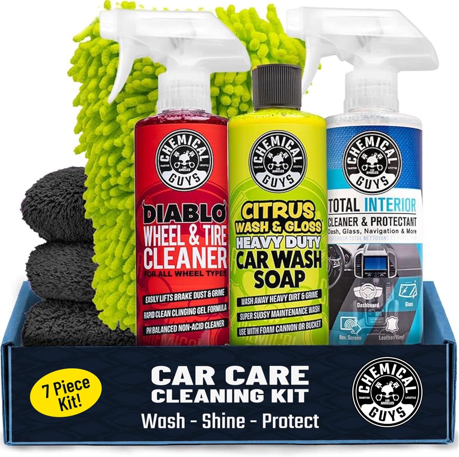 81zRJWBZn6L._AC_SL1500_.jpg Chemical Guys Car Cleaning Kit - With Car Wash Soap, Wheel Cleaner, Total Interior, Car Wash Mitt - Interior and Exterior Wash Kit With Vehicle Cleaning and Detailing Accessories - 7 Item Kit - Image 1
