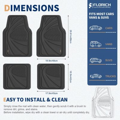FLORICH Car Floor Mats, Waterproof Universal Heavy-Duty 4 Pieces Rubber Floor Mats for Cars, Full Set Car Mats with Anti-Slip Backing Fit for Most SUV, Vans,Trucks, Sedan(Light Black) - Image 3