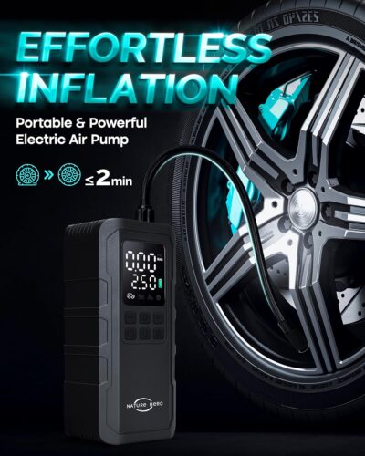 Tire Inflator Portable Air Compressor - 150PSI Cordless Portable Air Pump for Car Tires with Pressure Gauge & LED Lights - 3X Faster Tire Pump for Car, Motorcycle, Balls and Bicycle, Black - Image 2