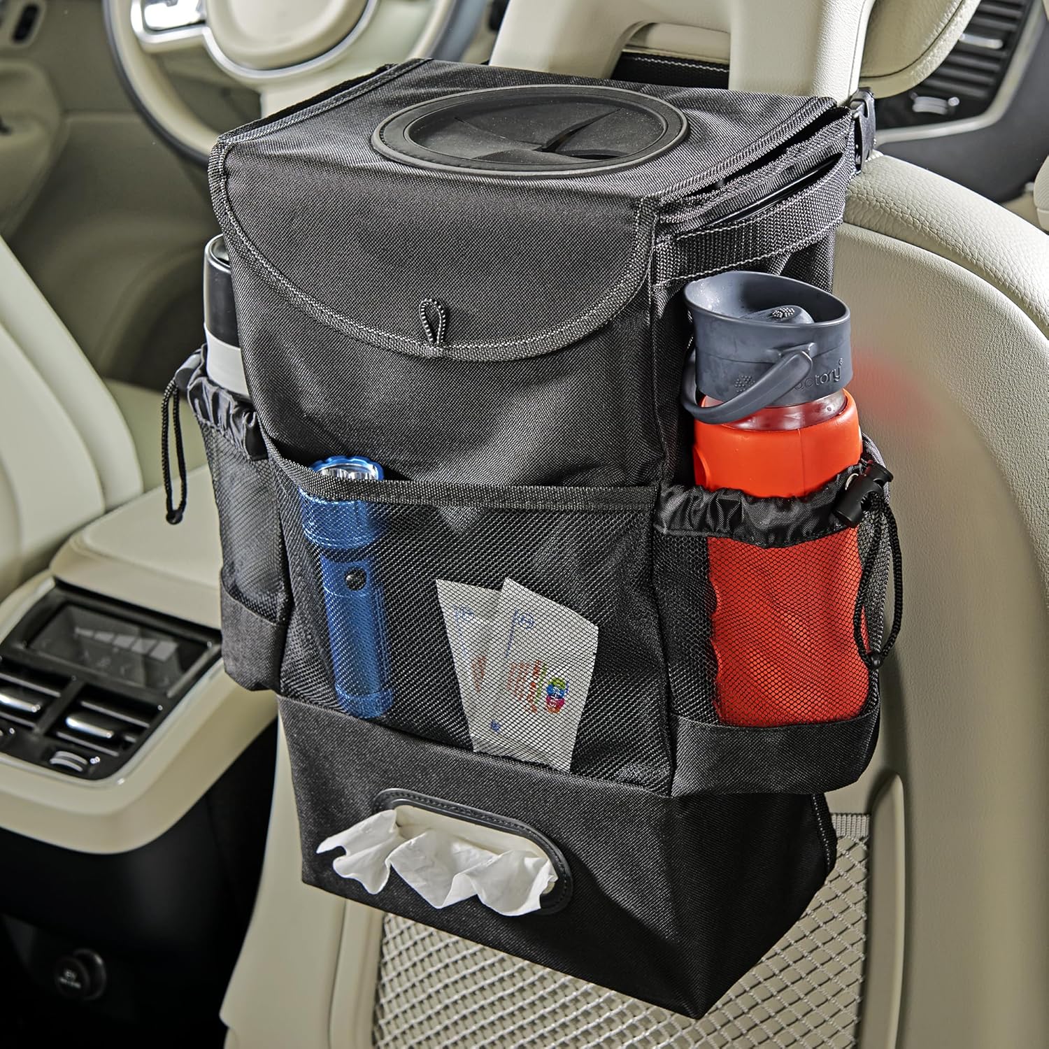 91-VJw7wORL._AC_SL1500_.jpg High Road StashAway Large Car Trash Can for Back Seat - Car Garbage Bag With Tissue Holder and Bottle Pockets - Seatback Organizer With 3 Gal Trash Can With Lid for Vans, SUVs and Trucks - Image 1