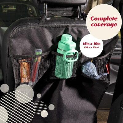 Lusso Gear Seat Back Protector - 2-Pack Kids Kick Mat & Car Seat Organizer - Waterproof Oxford Backseat Cover - 3 Mesh Pockets for Car Organization, Black - Image 4