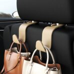 Amooca 4-Pack Car Headrest Hooks Vehicle Storage Organizer for Purses Handbags Groceries Coats –Holds 55lbs 360° Rotating Simple Design Beige - Image 2