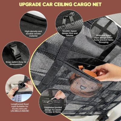 Kaskawise Upgrade Car Ceiling Cargo Net Pocket,31.5"x21.6" Double-Layer Car Roof Storage Organizer,Overhead Net for Truck,SUV & Van Camping,Travel Road Trips,Van Life Essentials - Image 5
