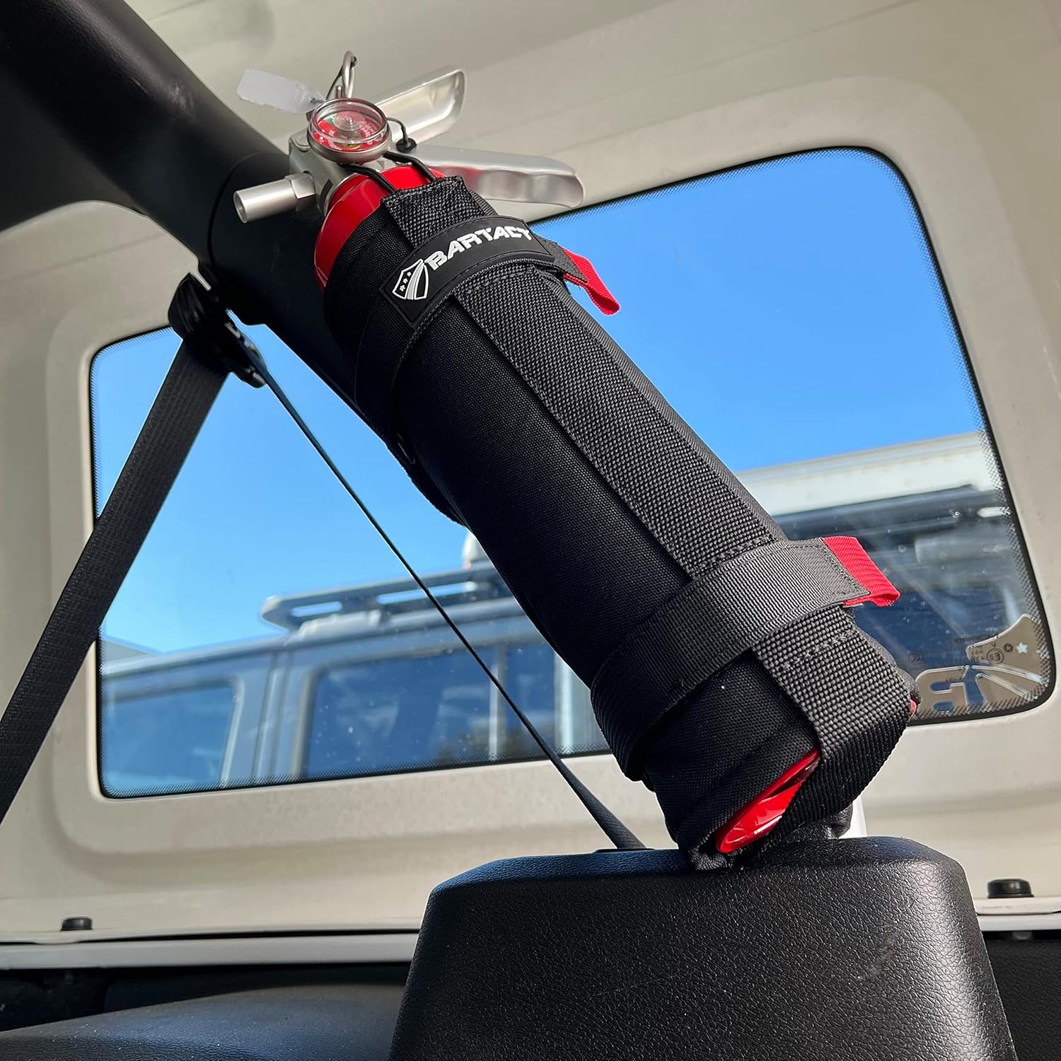 917E1qgbTvL._AC_SL1500_.jpg Bartact - 2.5 lb Roll Bar Fire Extinguisher Mount for Vehicle Holder, Adjustable Fire Extinguisher Holder Mount, US Made Universal Vehicle Fire Extinguisher Holder Fits All Roll Bars (Black) - Image 1