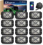 MICTUNING C4 RGBW Rock Lights Kit, 12 Pods 360° Ultra-Bright 4-Sided Wide Beam Angle Underglow Neon Accent Lighting Kit, Microphone Sync with APP Control, IP68 Waterproof