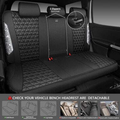 CAR PASS Bling Diamond Leather Car Seat Covers Full Seats Interior Sets, Waterproof Shining Glitter Sparkly Crystal Universal Armrest Fit Automotive Truck SUV Cute Women Girl, Black Silver Rhinestone - Image 5