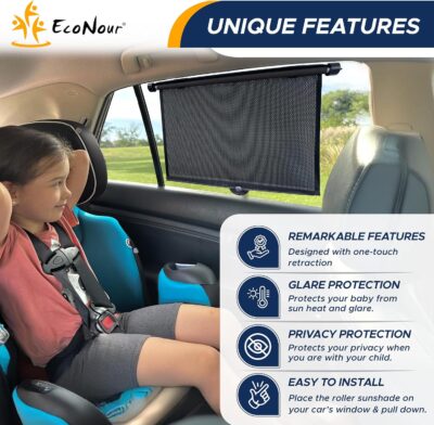 EcoNour Car Window Shades for Baby (2 Pack) - Upgraded | Shades for Side Window | Comes with Enhanced Suction Cups & Large Clips for Durability | Baby Car Accessories (15" x 17") - Image 6